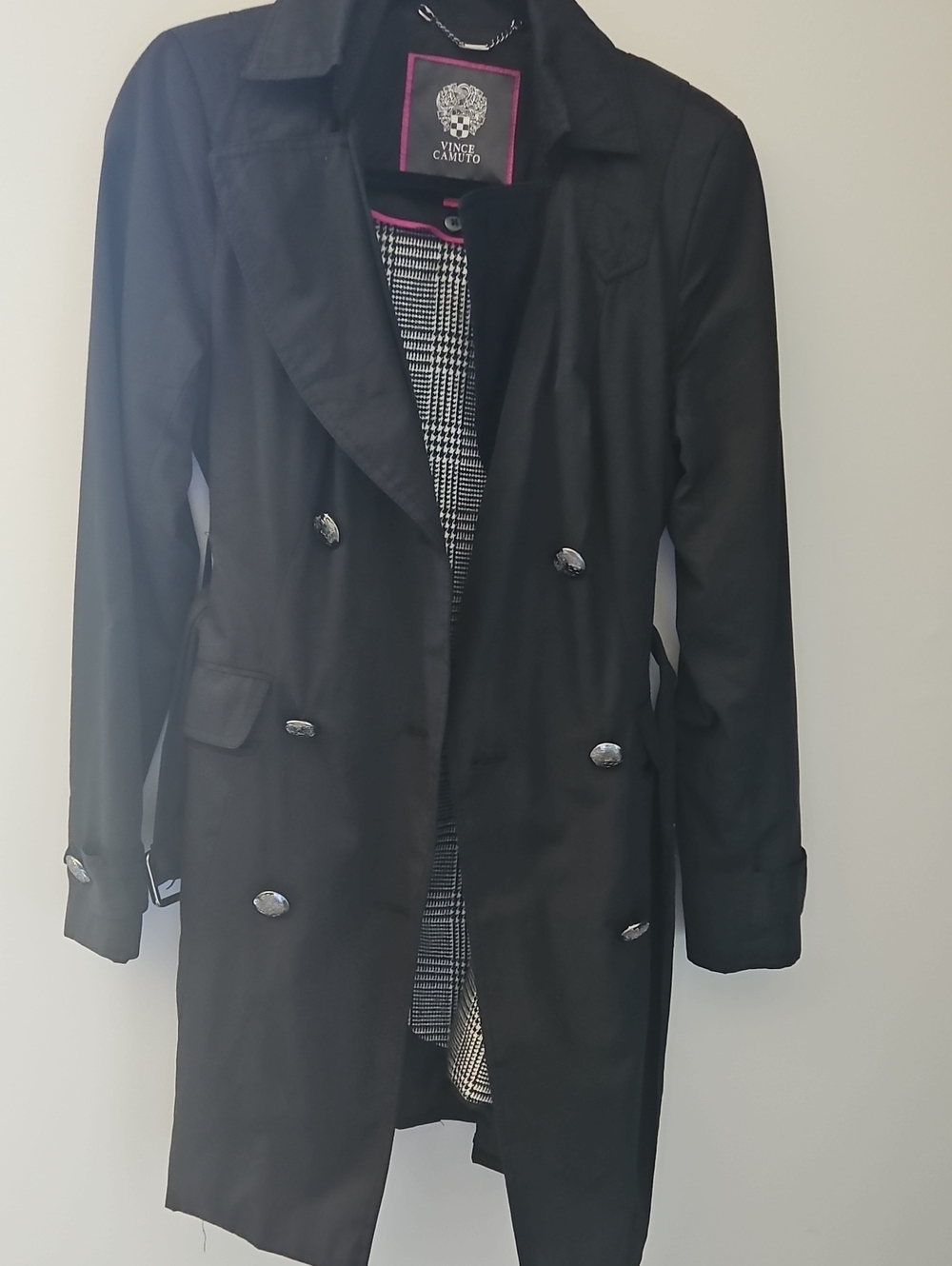 Vince Camuto Black Double-Breasted Trench with Houndstooth Liner